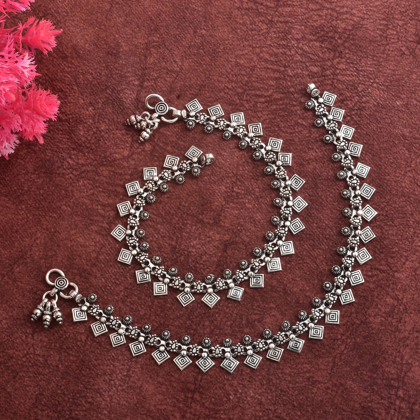 Silver Tribal Square Charm Anklet (Pair)