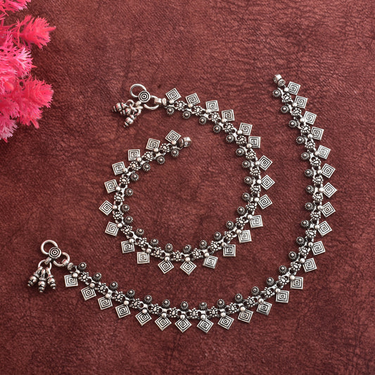 Silver Tribal Square Charm Anklet (Pair)
