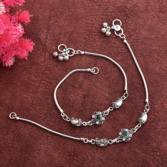 Silver Tribal Phool Cut Stone Anklet( Pair)