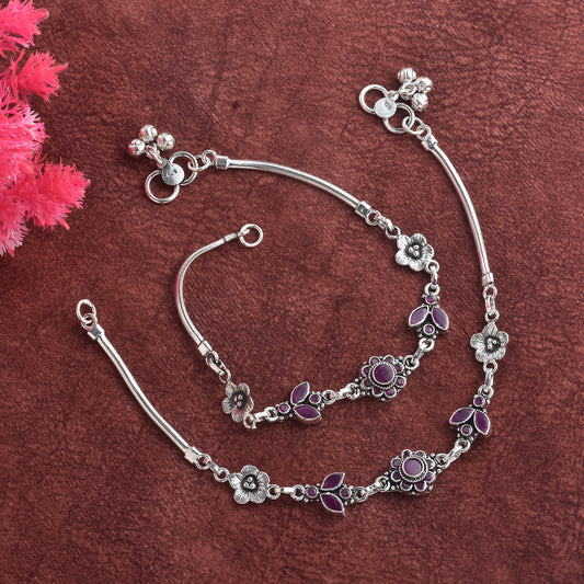 Silver Royal Gulabi Petal Cut Stone Anklet (Pair)