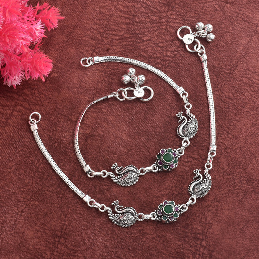 Silver Peacock And Flower Cut Stone Anklet( Pair)