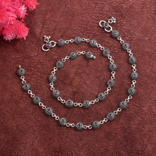 Silver Tribal Flower Cut Stone Link Anklet( Pair)