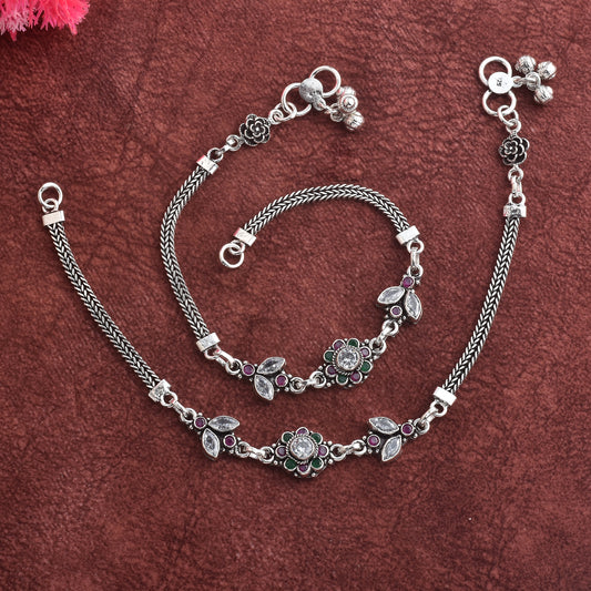 Silver Cut Stone Flower Bouquet Anklet( Pair)