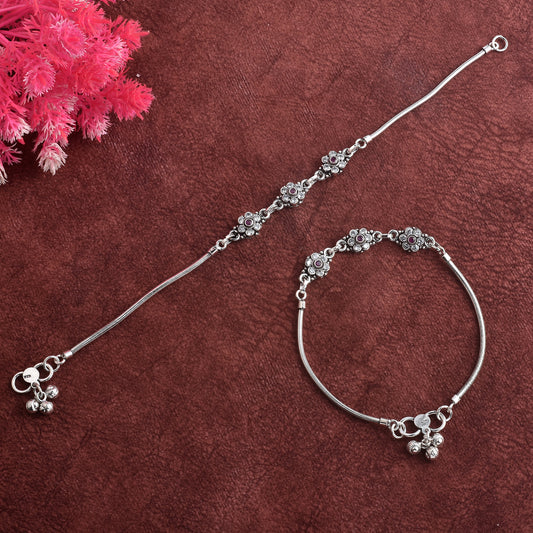 Silver Dazzling Flower Cut Stone Anklet( Pair)