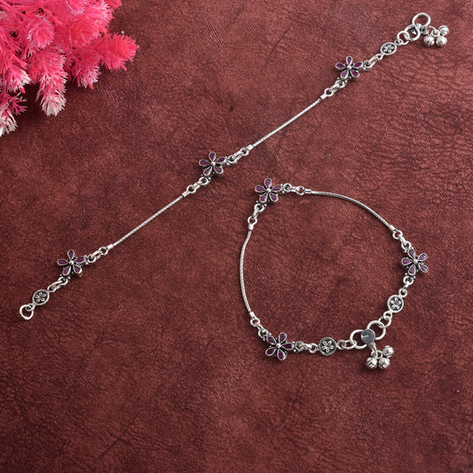 Silver Gulabi Cut Stone Phool Anklet( Pair)