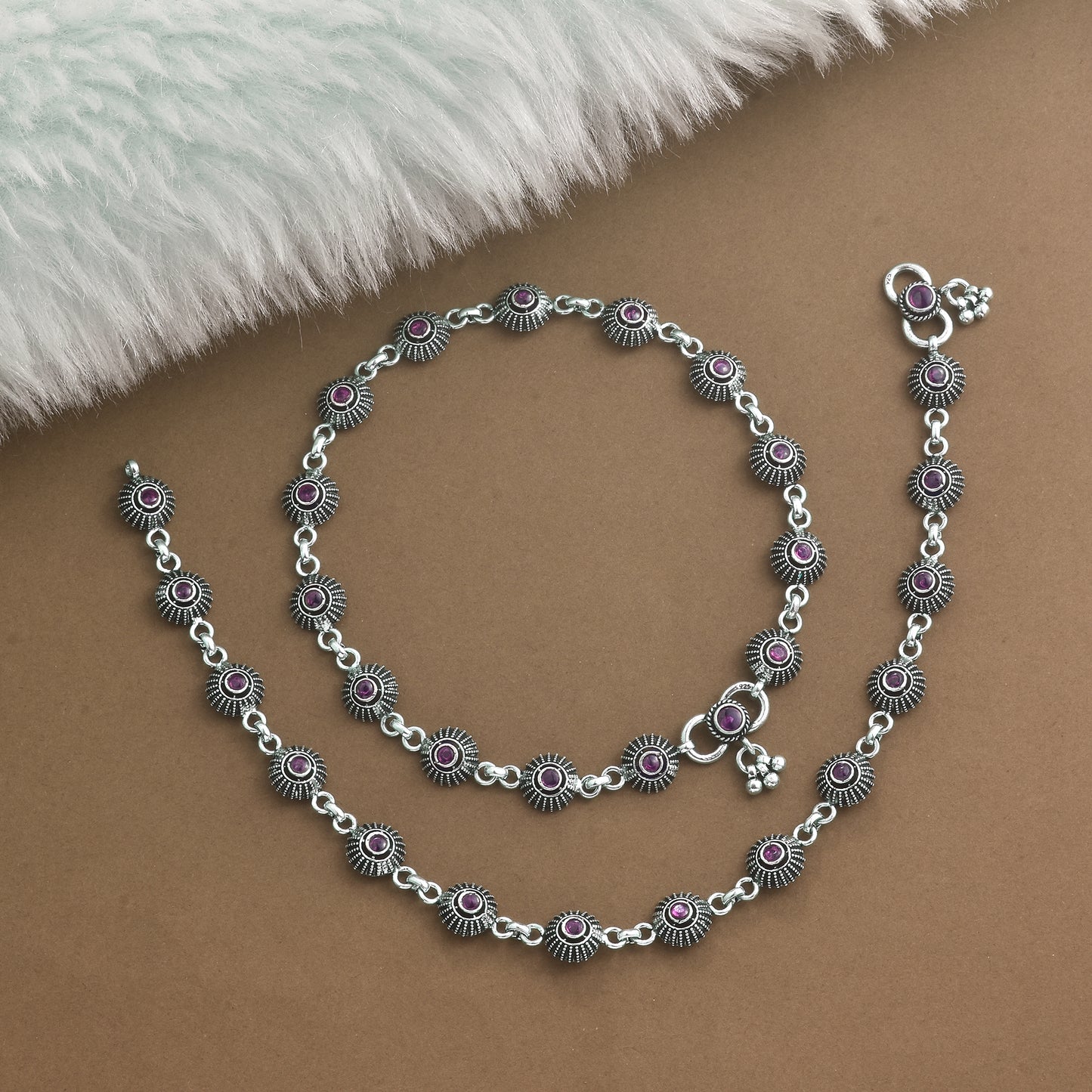 Silver Tribal Flower Cut Stone Link Anklet( Pair)