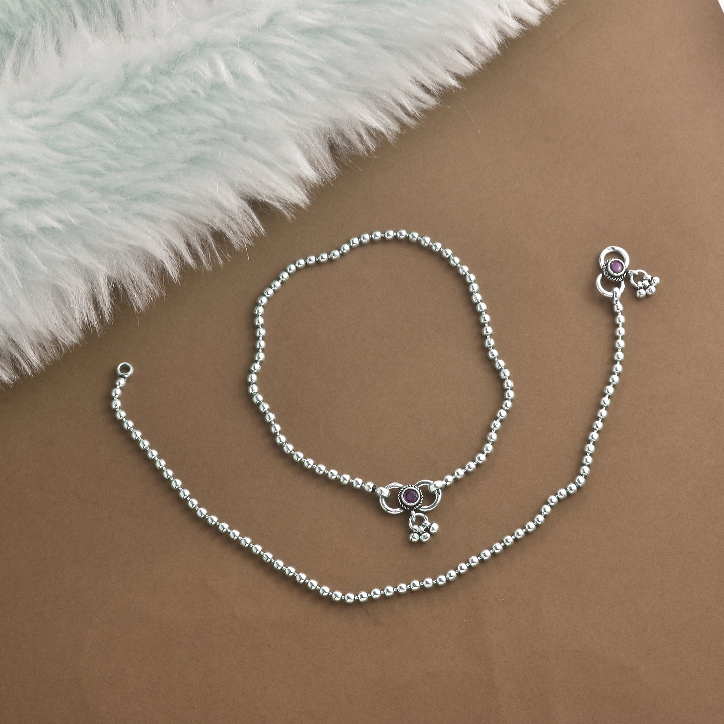Silver Rava Beads Bliss Anklet ( Pair)