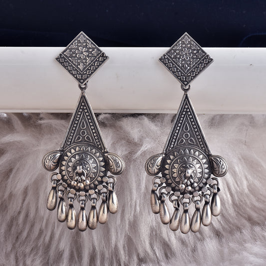 Silver Lotus Mandala Teardrop Jhumka Earrings