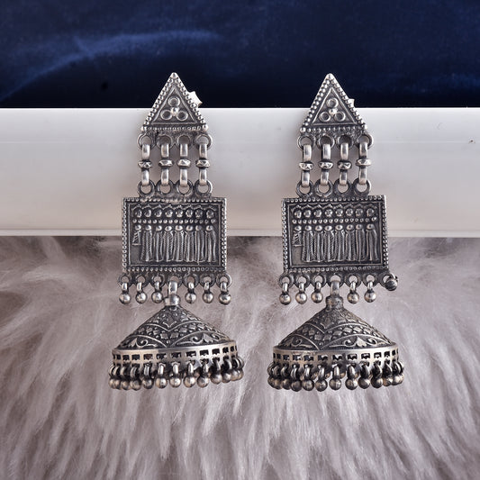 Silver Heritage Dome Drop Jhumka Earrings