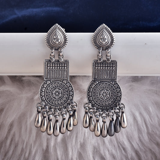 Silver Square & Round Tribal Jhumka Earrings
