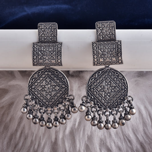 Silver Square And Round Mandala Chimes Earrings
