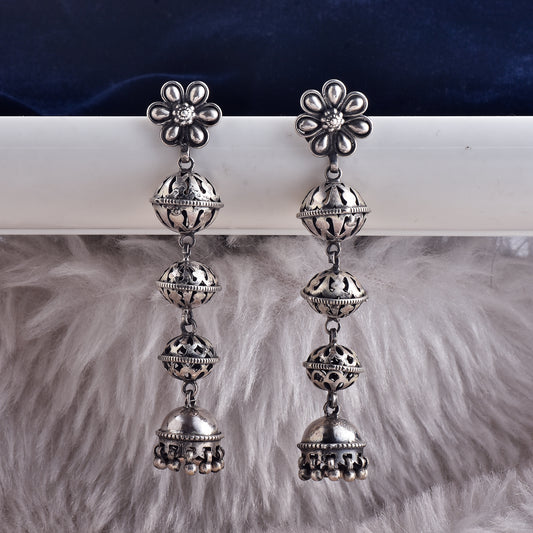 Silver Daisy Flower Mala Jhumka Earrings