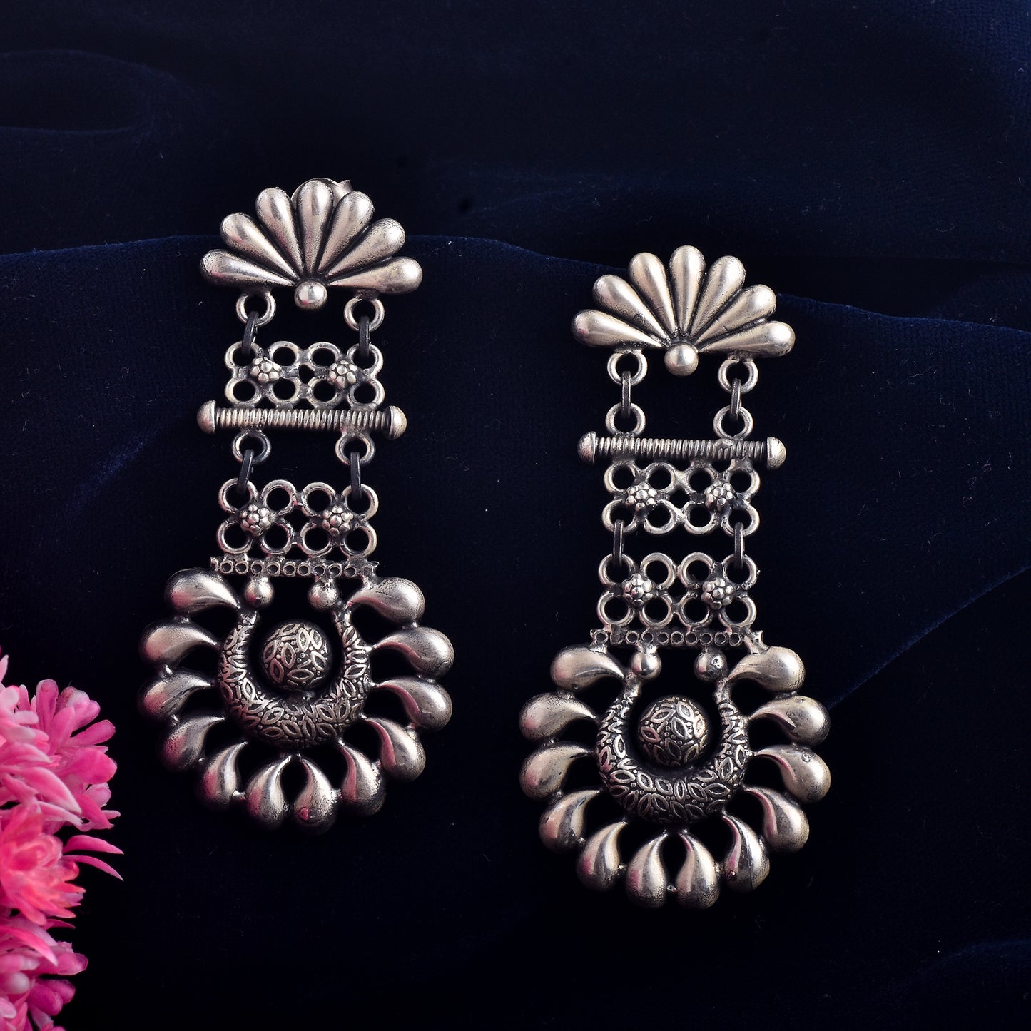 Silver Blossom Crest Jhumka Earrings