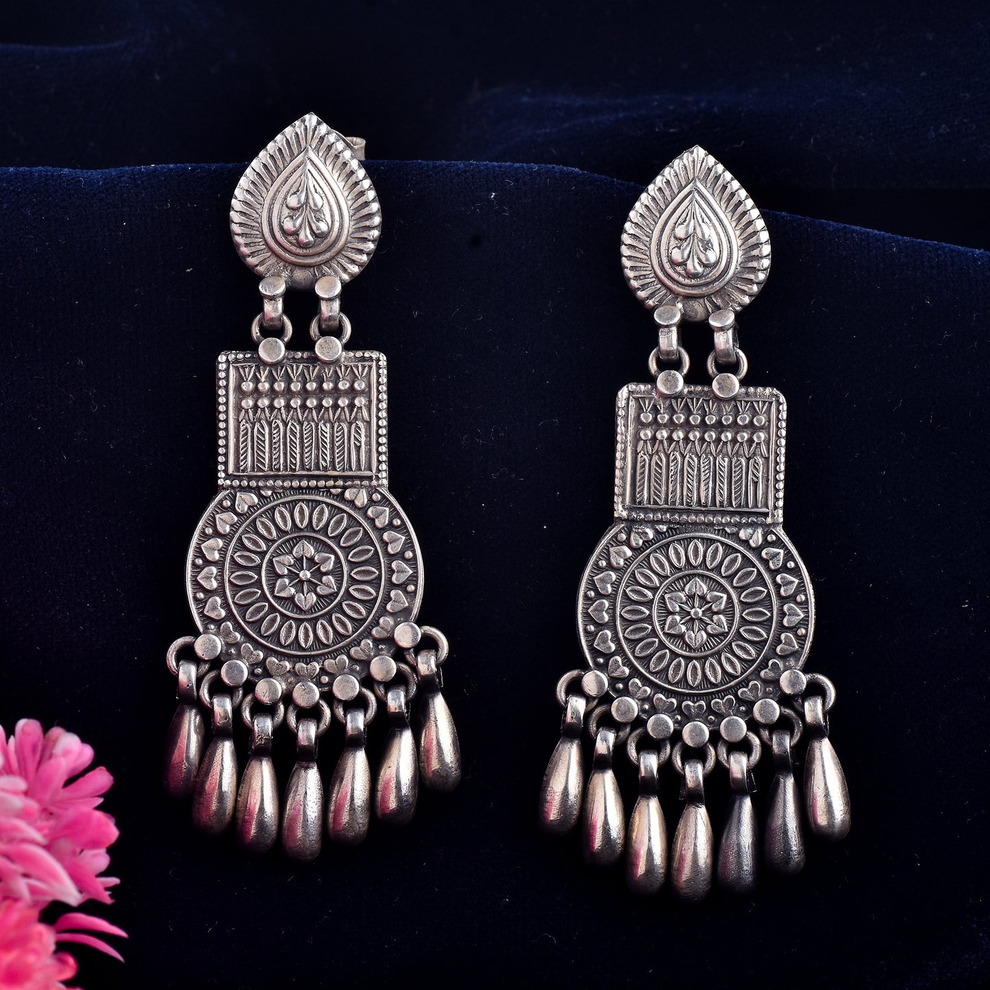 Silver Square & Round Tribal Jhumka Earrings