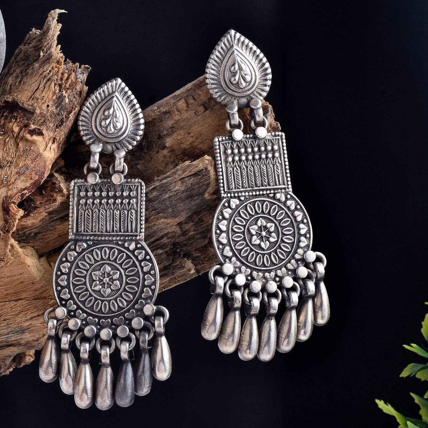 Silver Square & Round Tribal Jhumka Earrings