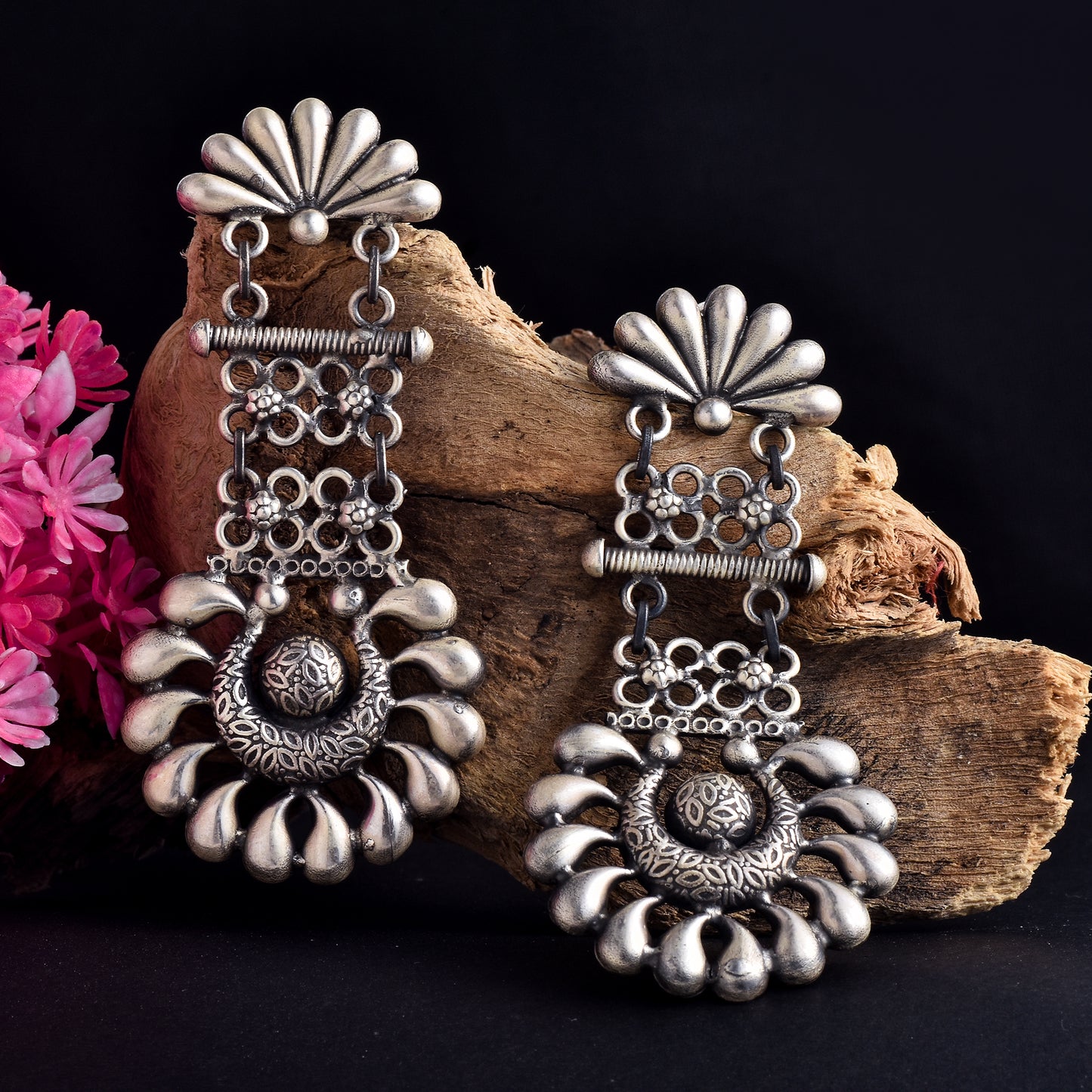 Silver Blossom Crest Jhumka Earrings