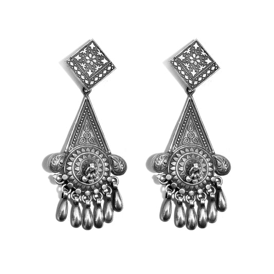 Silver Lotus Mandala Teardrop Jhumka Earrings