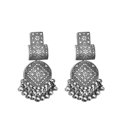 Silver Square And Round Mandala Chimes Earrings