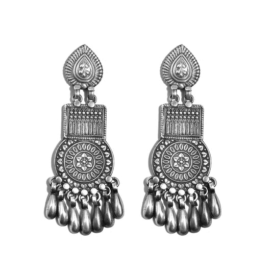 Silver Square & Round Tribal Jhumka Earrings