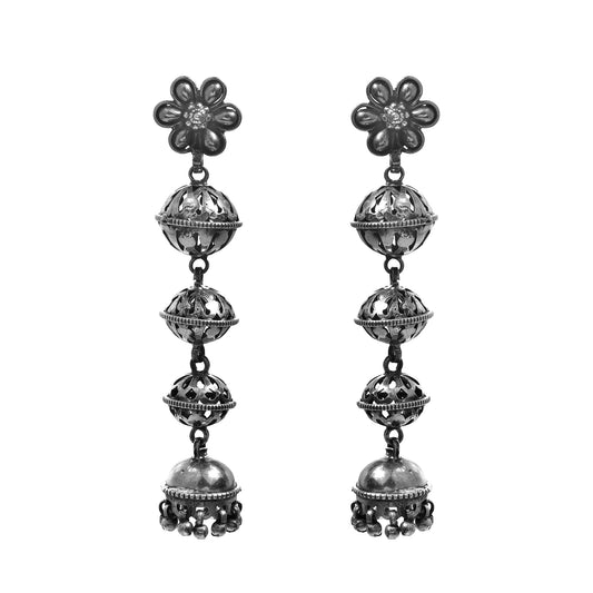 Silver Daisy Flower Mala Jhumka Earrings