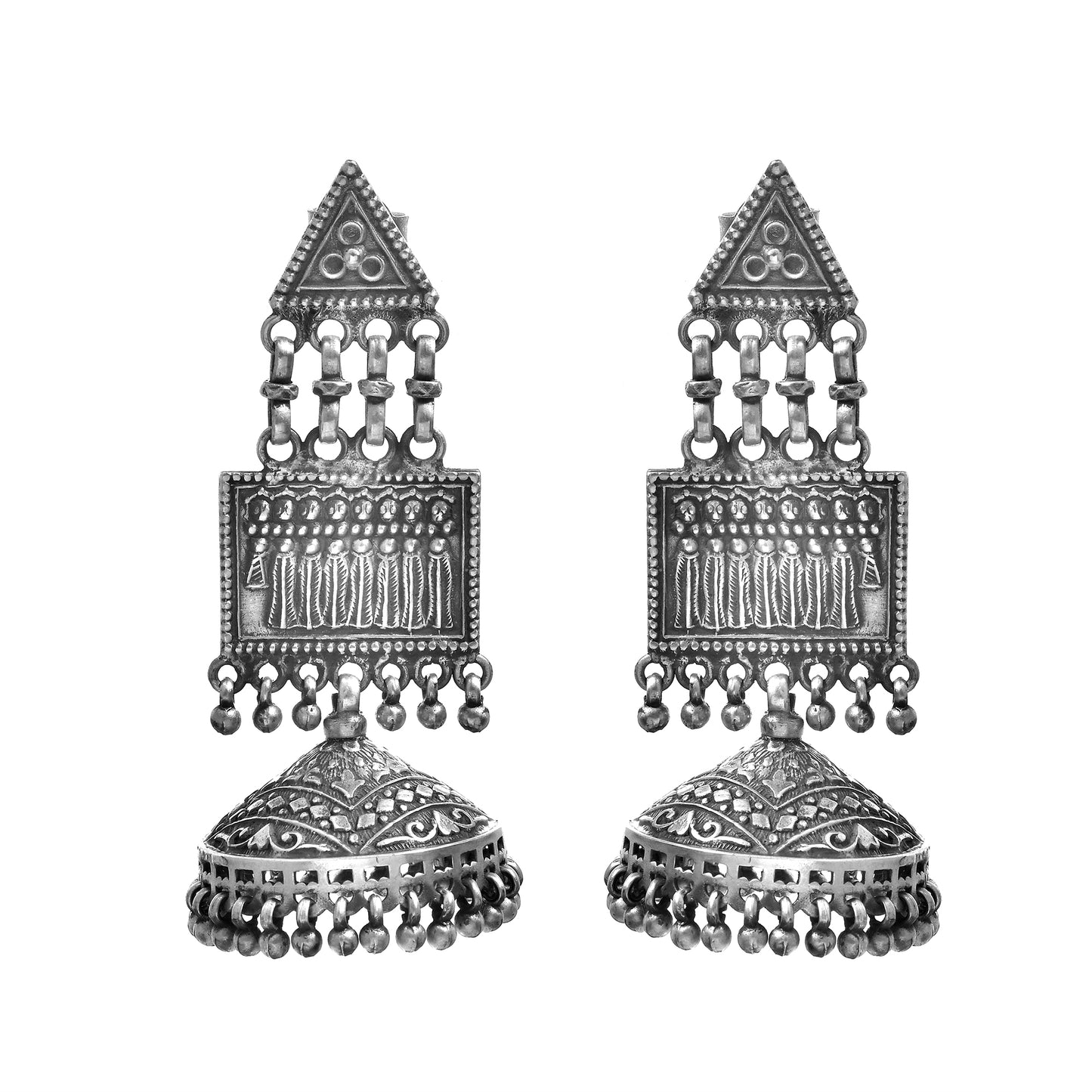 Silver Heritage Dome Drop Jhumka Earrings