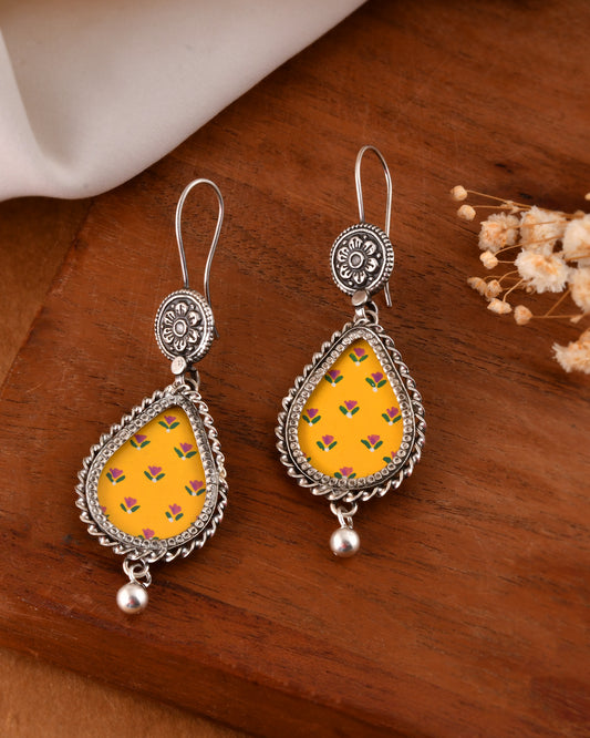 Silver Flower Drop Hasthkala Dangle Earrings