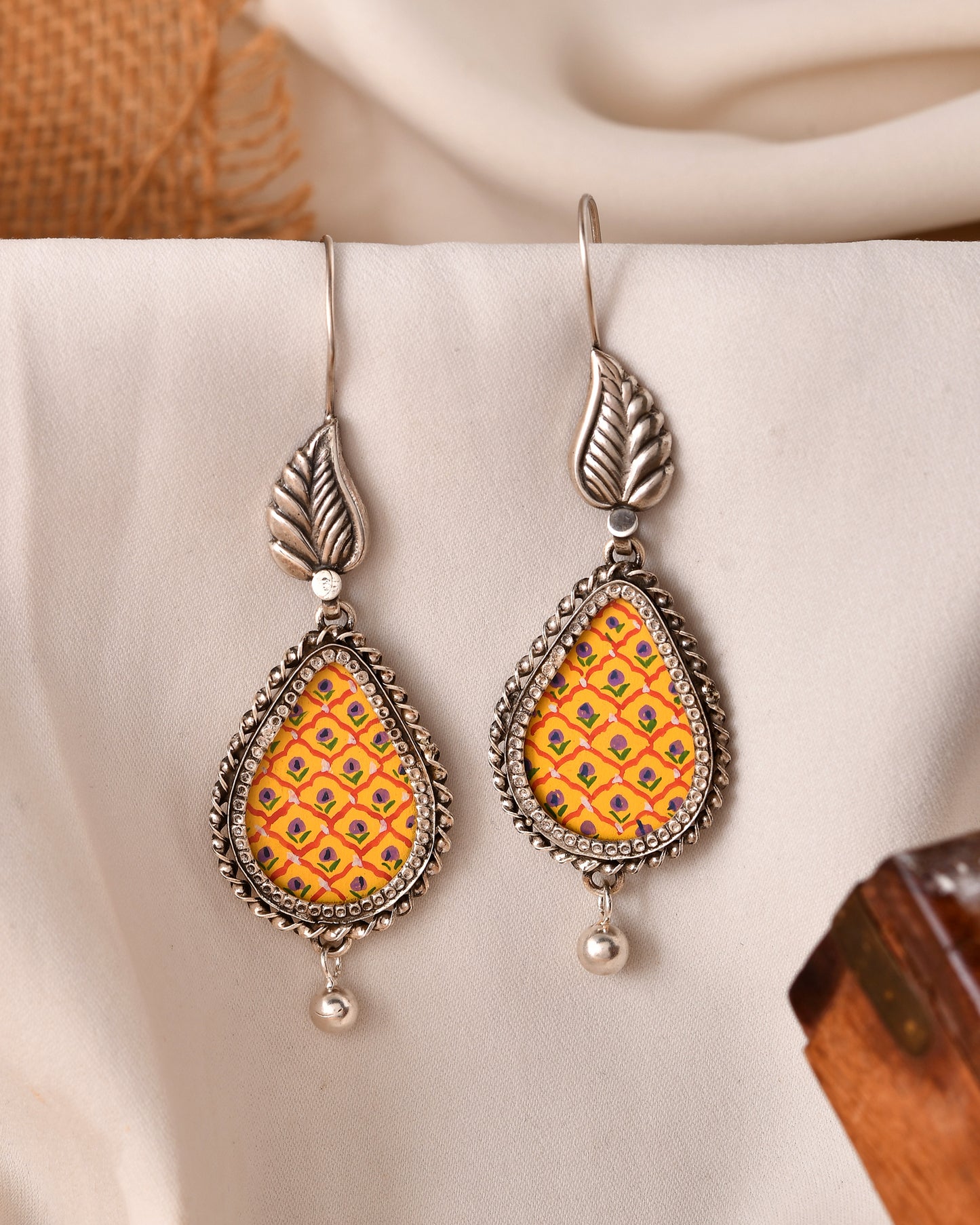 Silver Leaf Drop Hasthkala Earrings