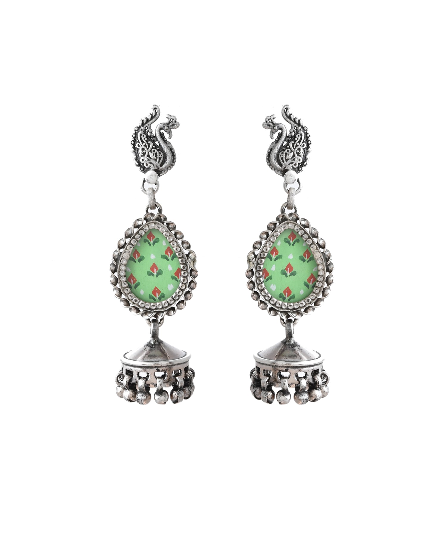 Silver Mor Hasthkala Jhumka Earrings