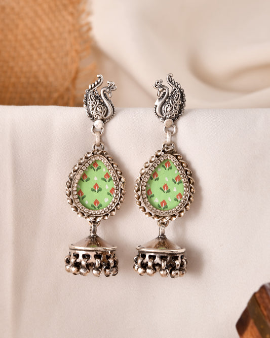 Silver Mor Hasthkala Jhumka Earrings