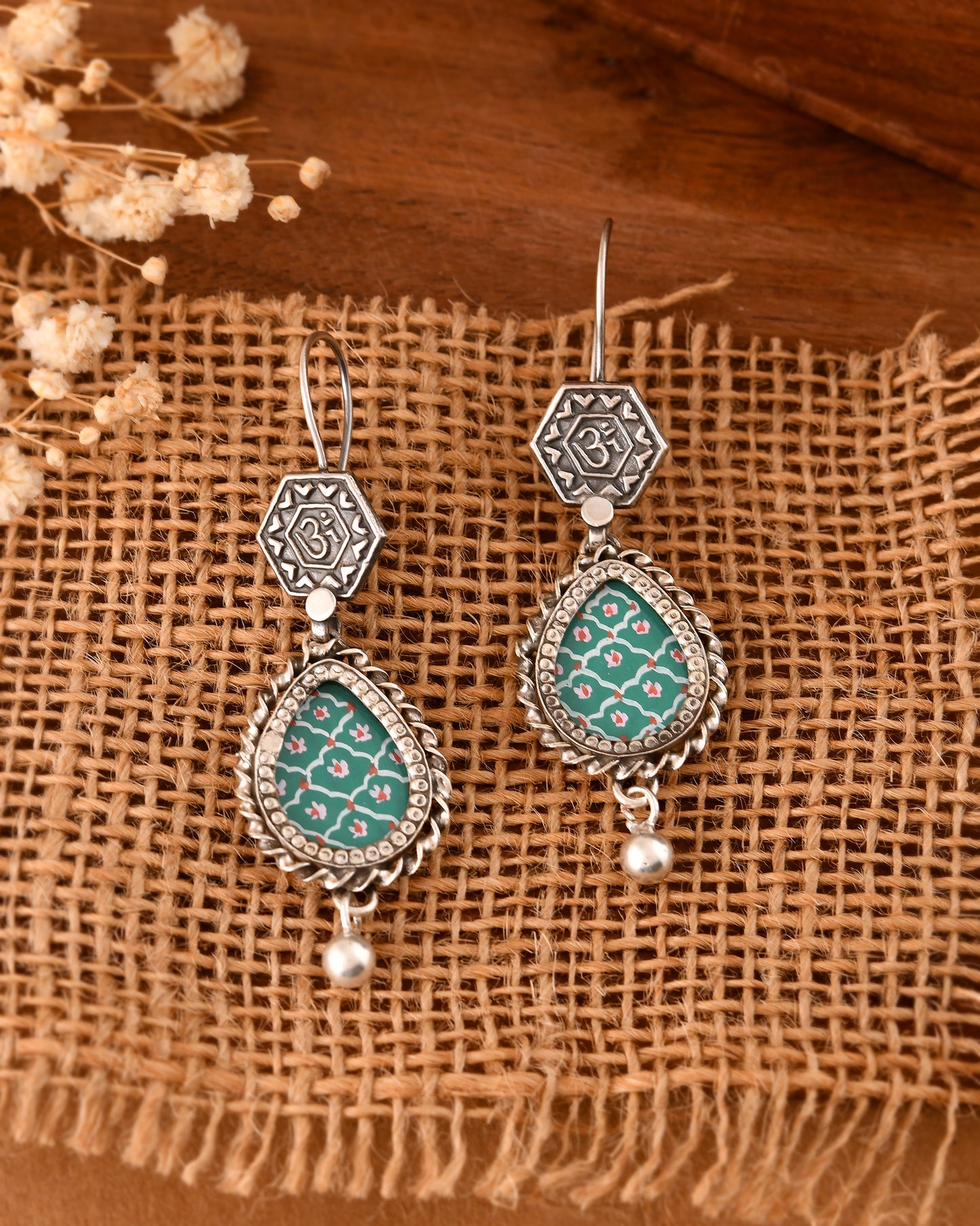 Silver Om Flower Hasthkala Dangle Earrings