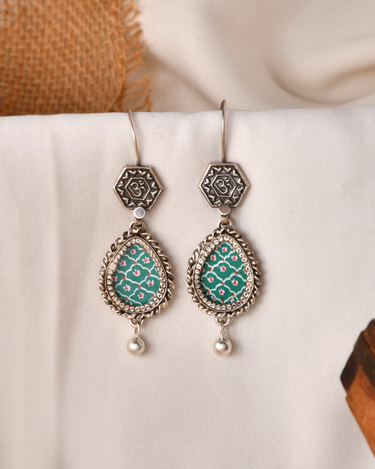 Silver Om Flower Hasthkala Dangle Earrings