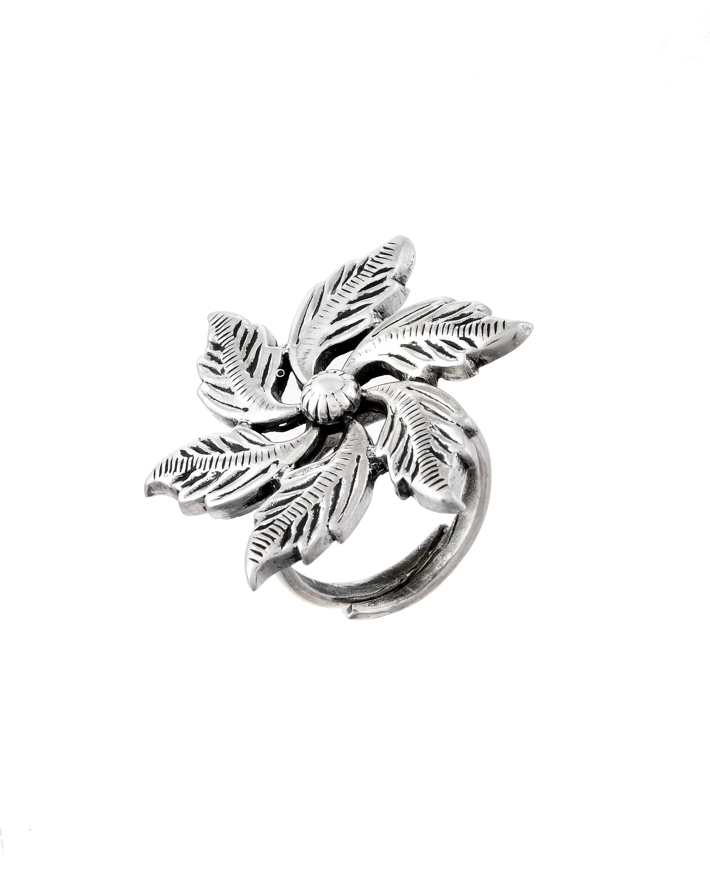 Silver Spiral Leaf Flower Ring