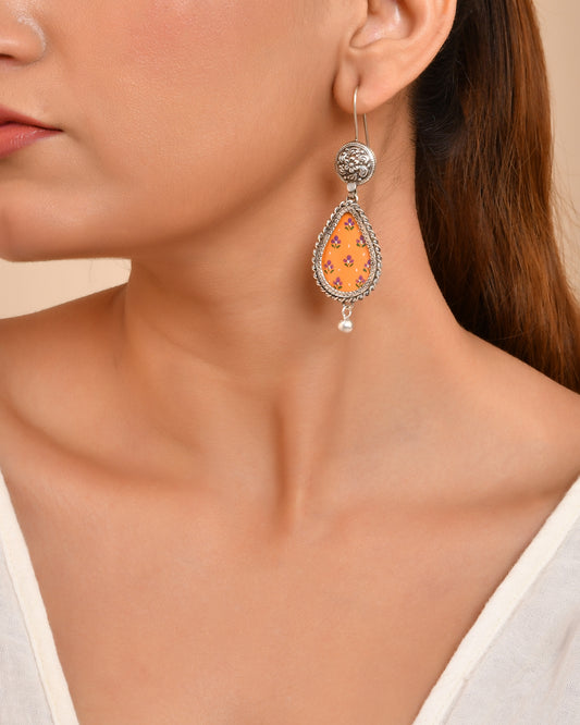 Silver Mandala Flower Yellow Hasthkala Dangle Earrings