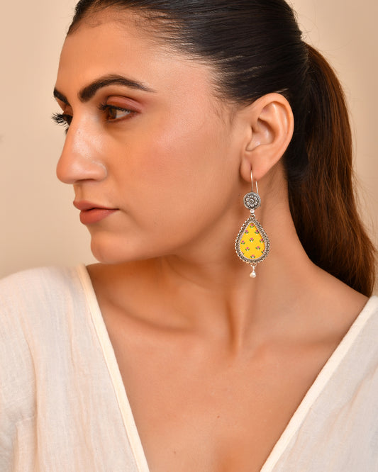 Silver Flower Drop Hasthkala Dangle Earrings
