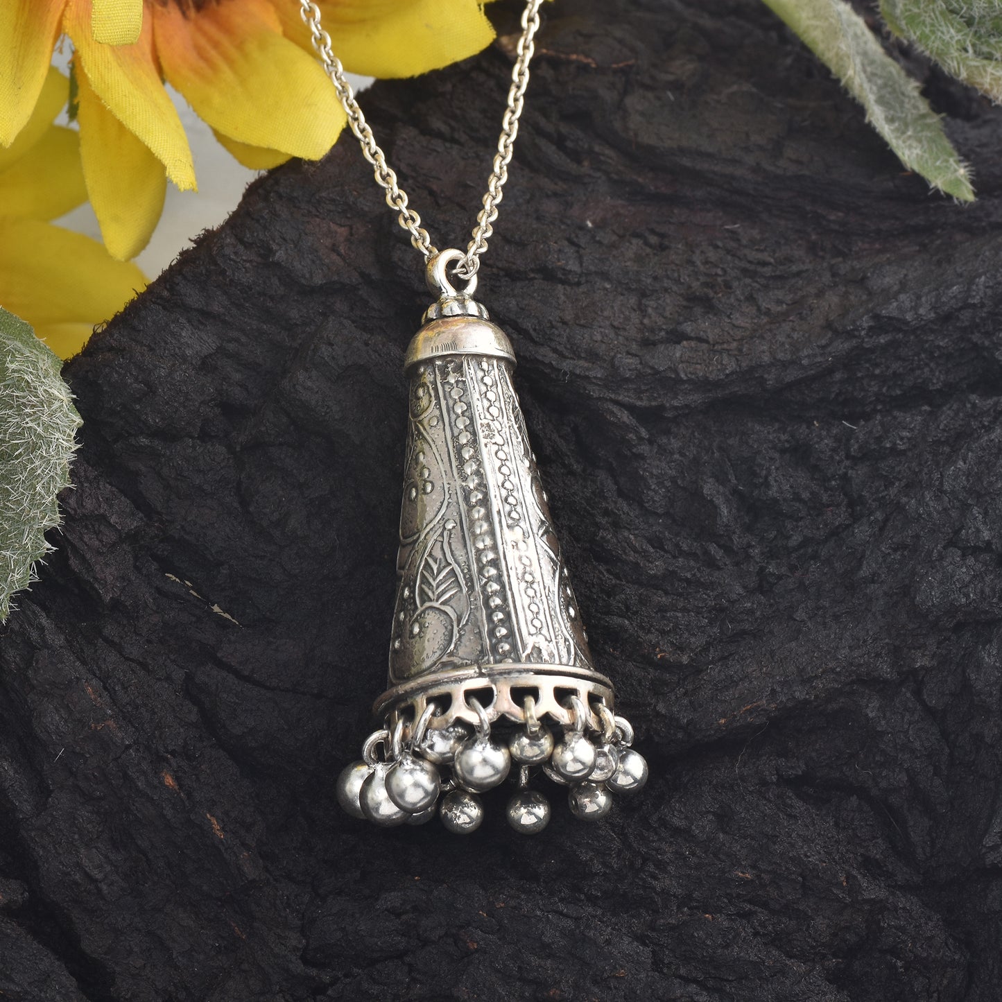 Silver Tribal Cone Pendant With Chain