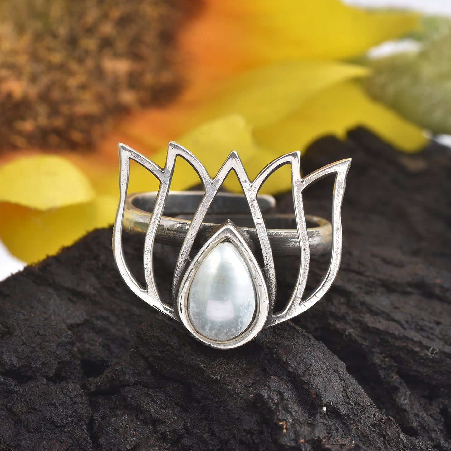Silver Lotus Pearl Ring