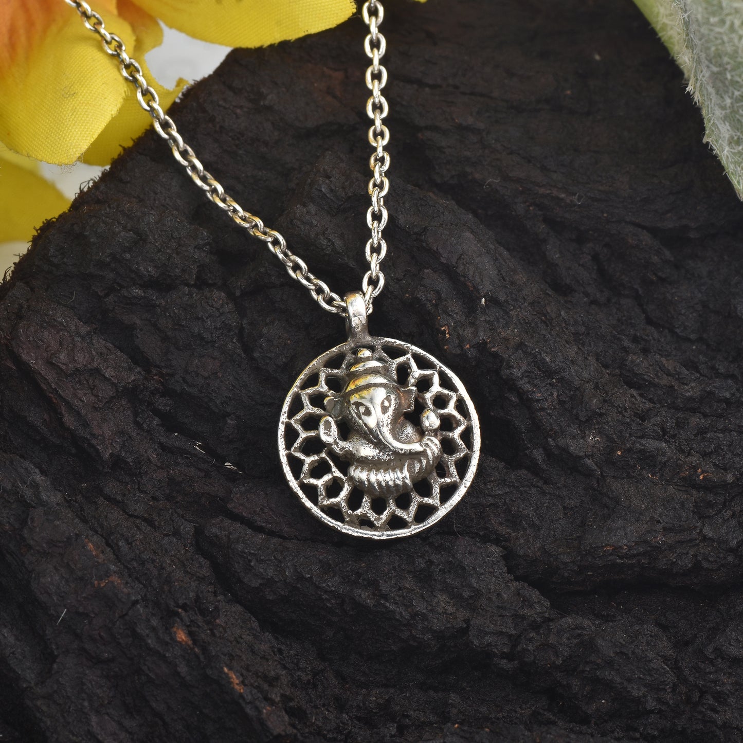Silver Mandala Ganesha Pendant With Chain