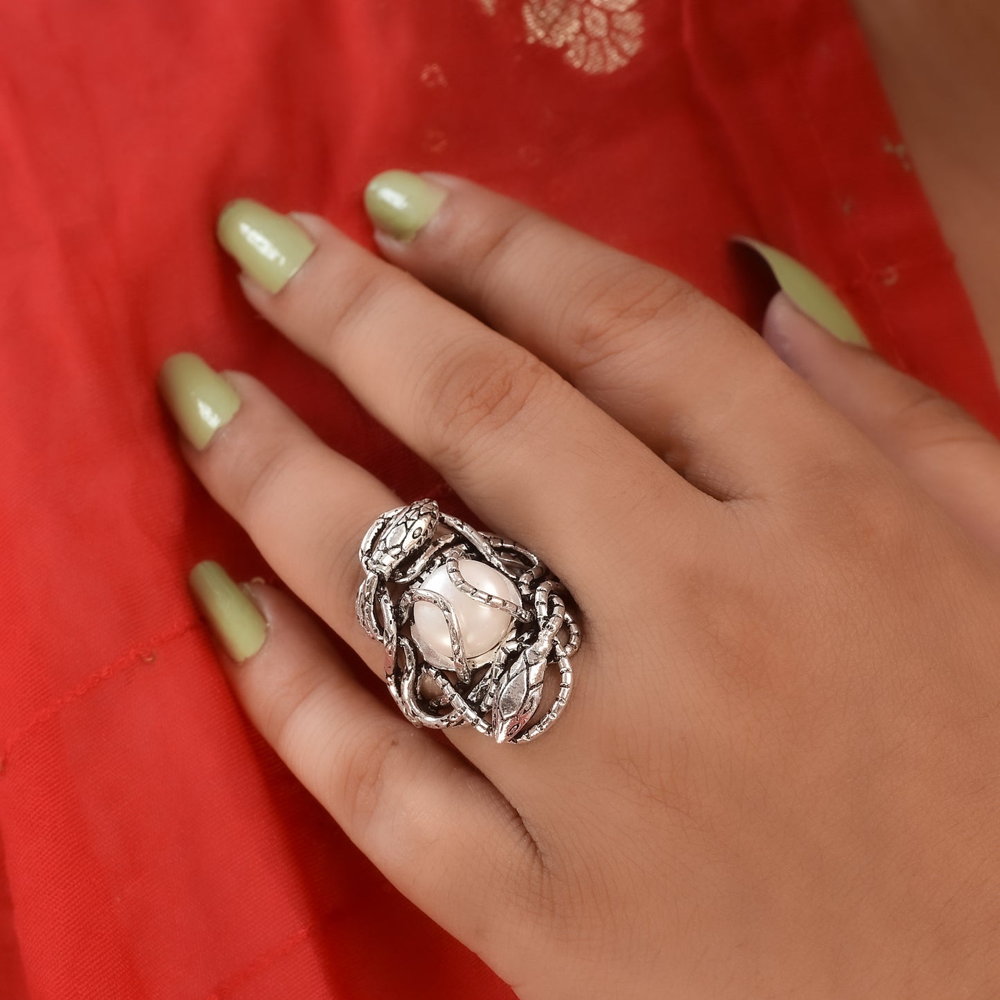 Silver Guardian Serpent Pearl Ring