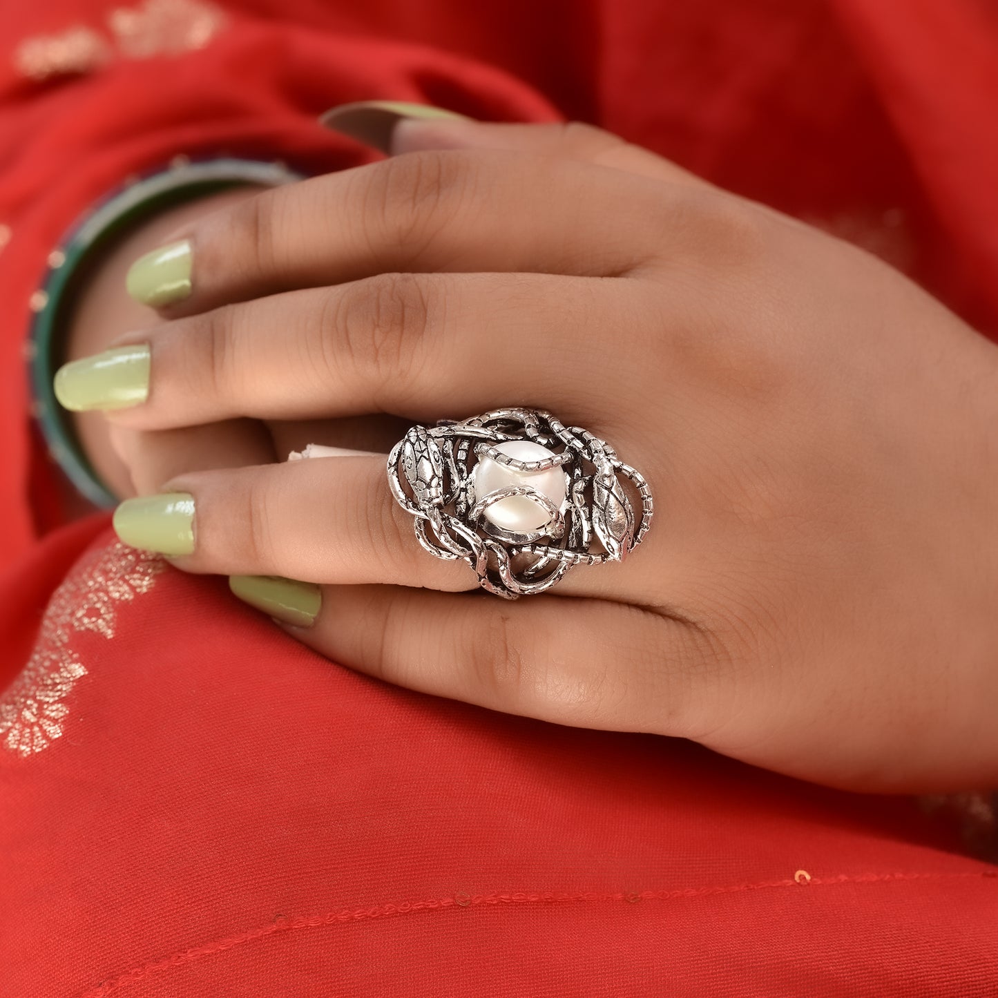 Silver Guardian Serpent Pearl Ring
