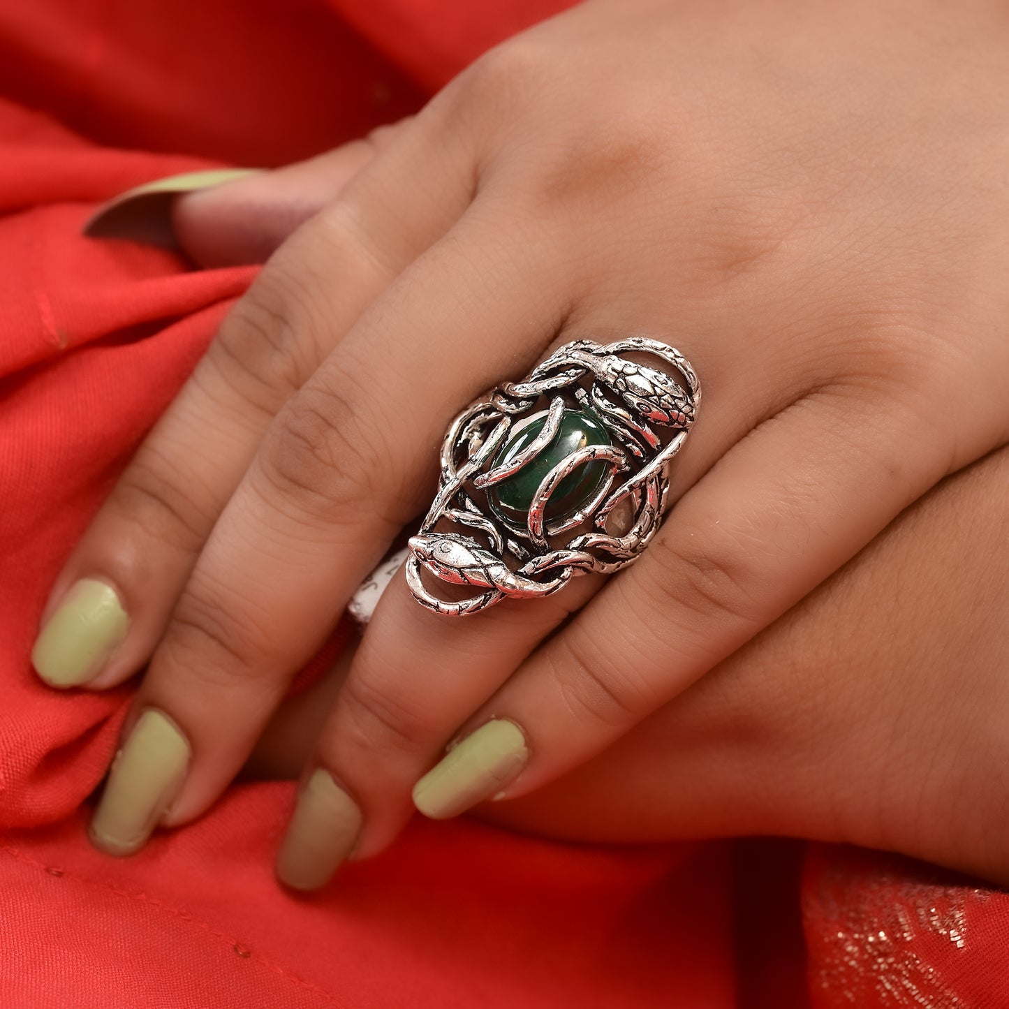 Silver Guardian Serpent Green Onyx Ring
