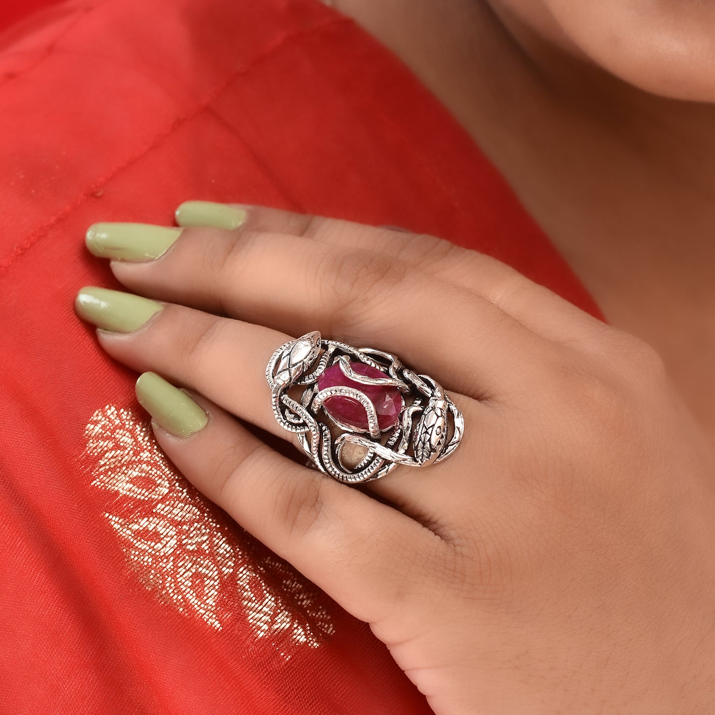 Silver Guardian Serpent Ruby Stone Ring