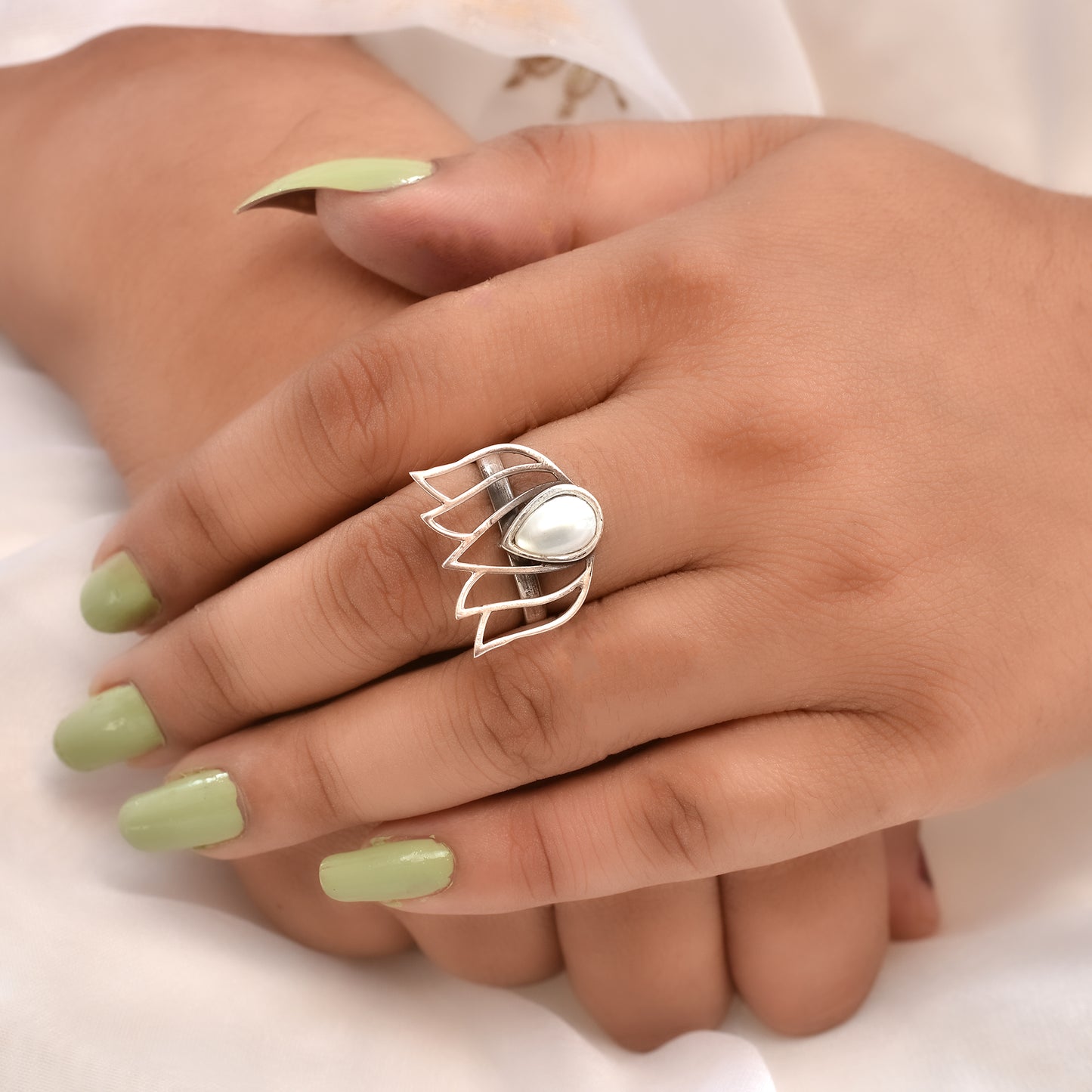 Silver Lotus Pearl Ring