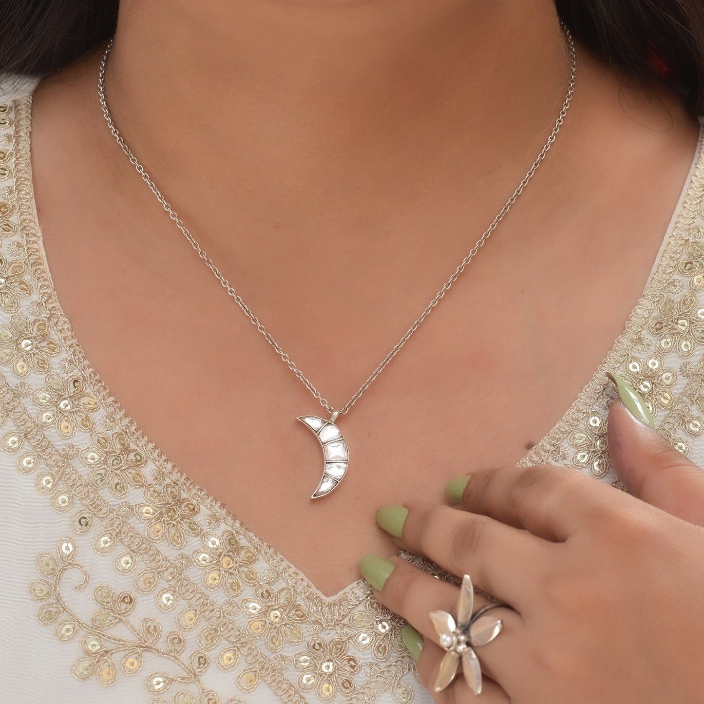 Silver Celestial Moon Charm Pendant With Chain