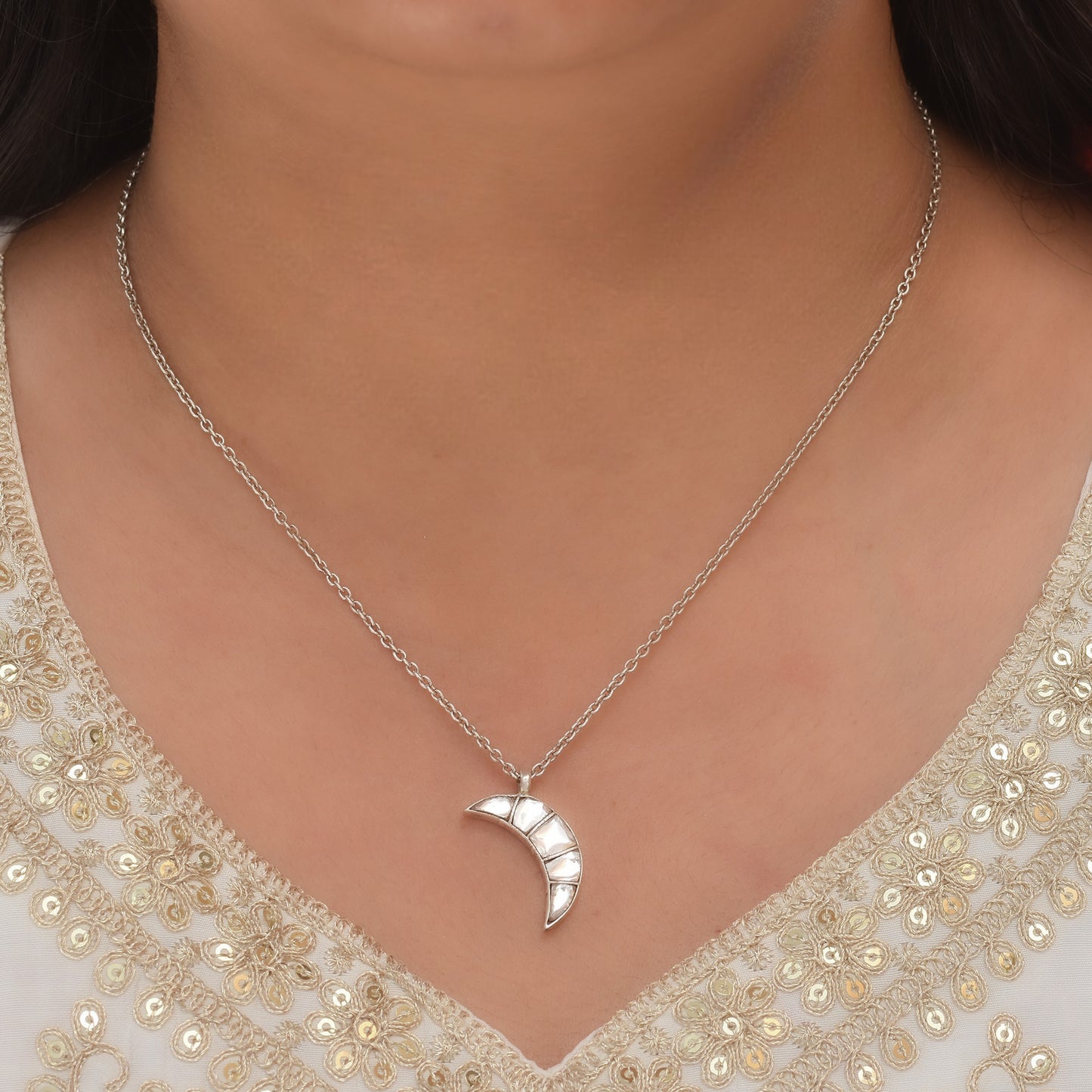 Silver Celestial Moon Charm Pendant With Chain