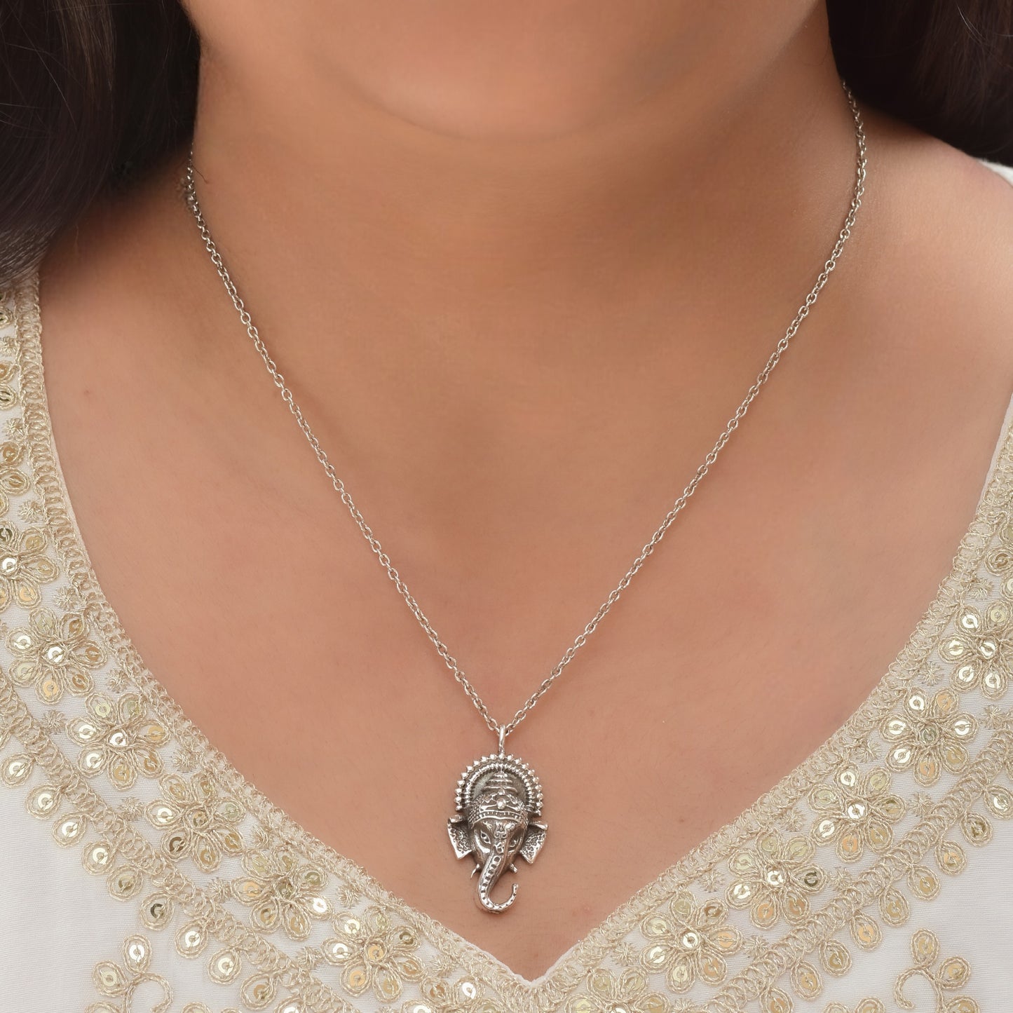 Silver Vintage Ganesha Face Pendant With Chain