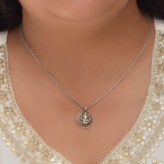 Silver Mandala Ganesha Pendant With Chain
