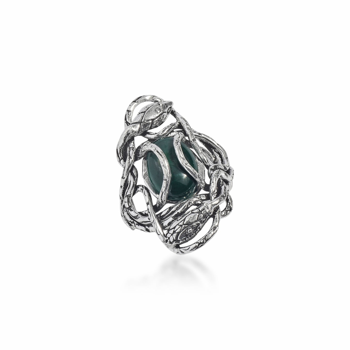 Silver Guardian Serpent Green Onyx Ring