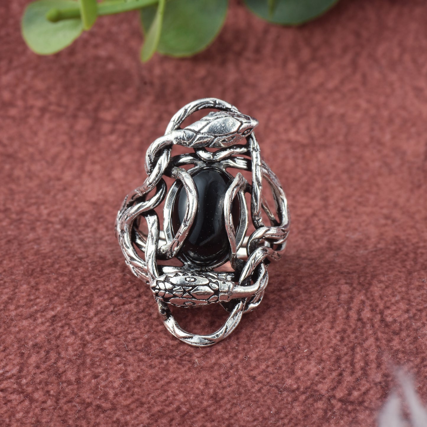 Silver Guardian Serpent Black Onyx Ring