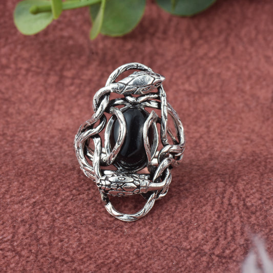 Silver Guardian Serpent Black Onyx Ring