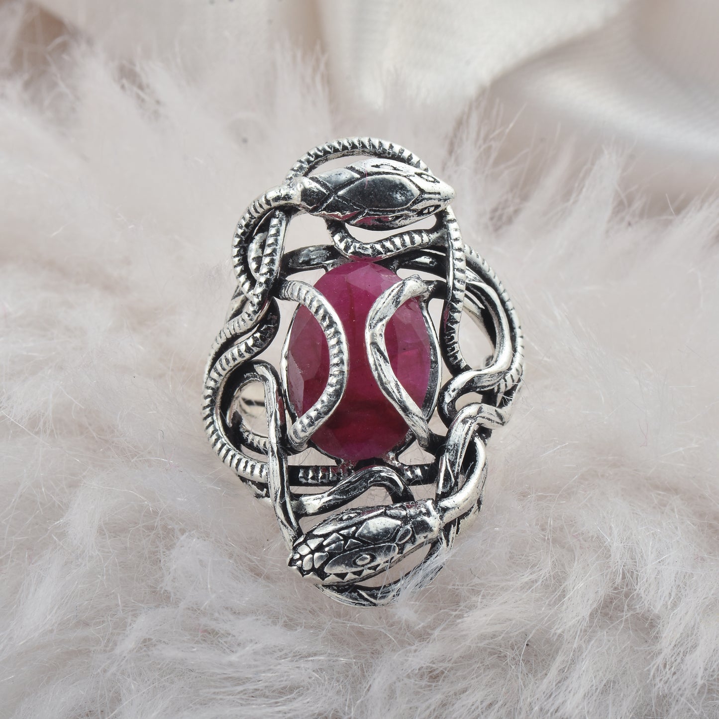 Silver Guardian Serpent Ruby Stone Ring